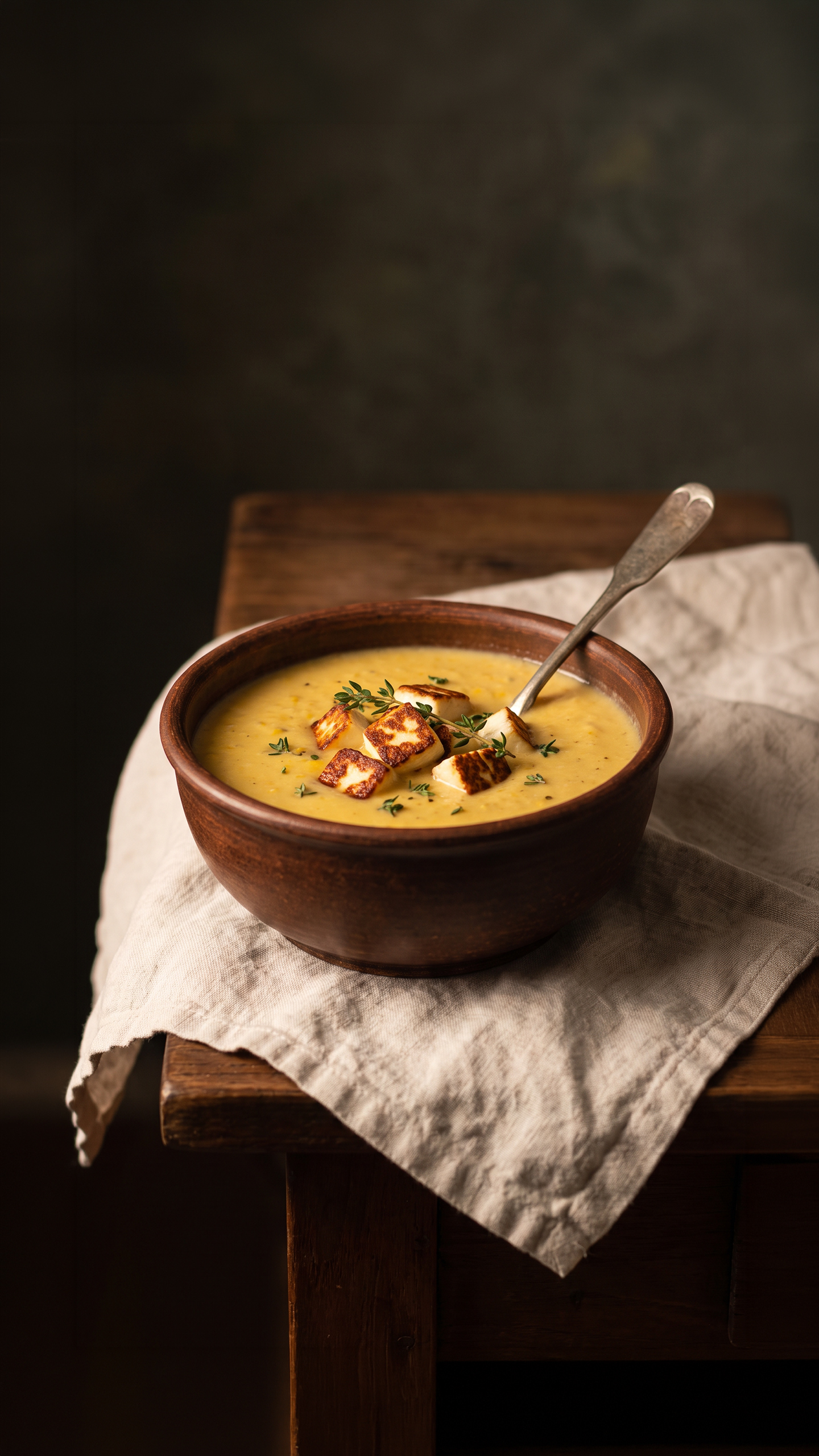Sopa cremosa de milho com queijo coalho grelhado