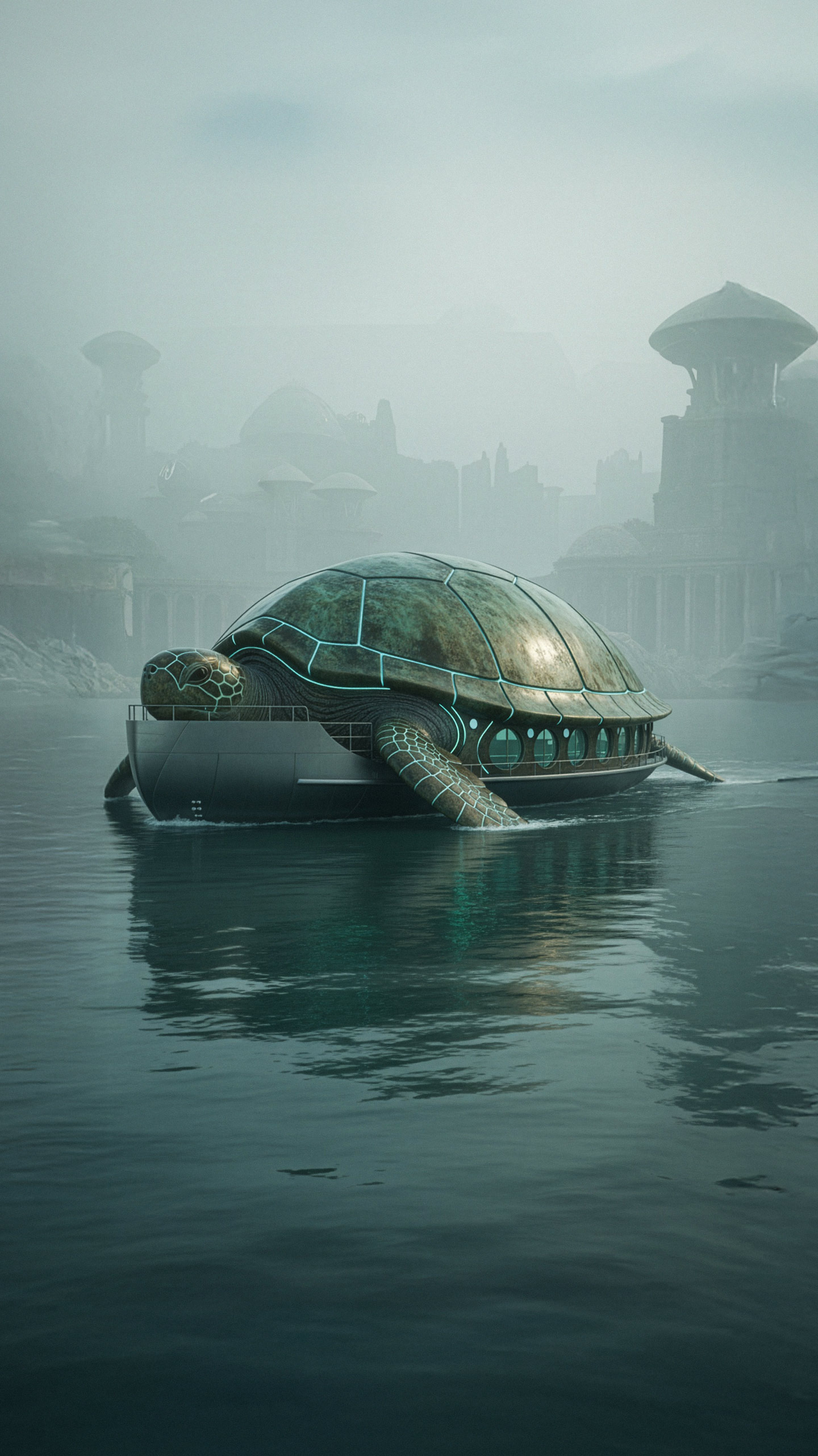 This turtle-shaped ferry glides through the harbor