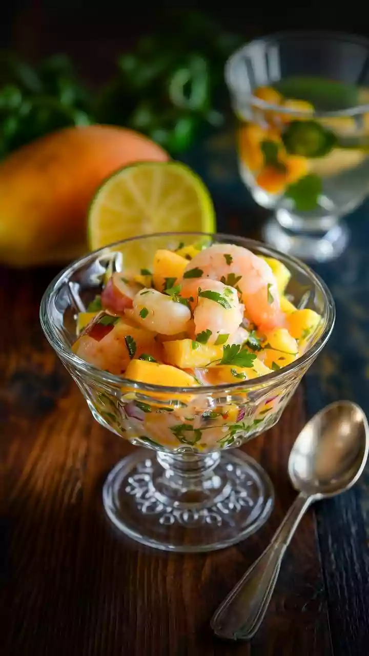 Ceviche de manga com camarão salteado: chique e super prático!