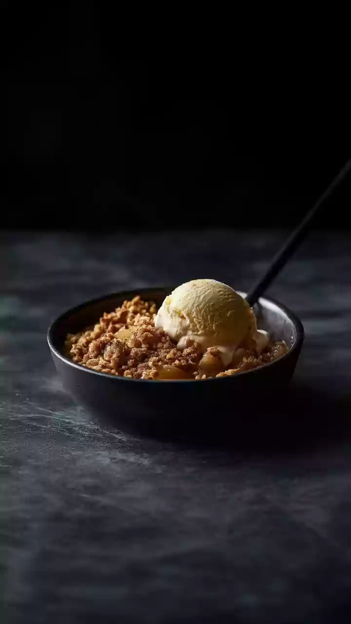 Crumble de banana e coco com sorvete: sobremesa quentinha, cremosa e irresistível