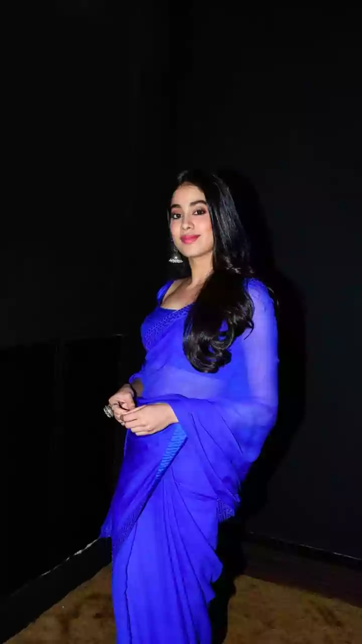 Janhvi Kapoor Looks Breathtaking In Royal Blue Velvet Saree & Backless Blouse