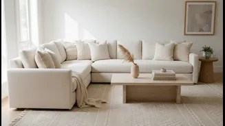 Beige and White Keep a Bright Living Room Soft, Not Clinical