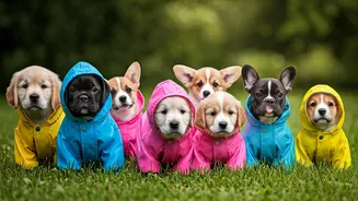 Cute Puppies Wearing Neon Waterproof Raincoats Win Internet Praise Today