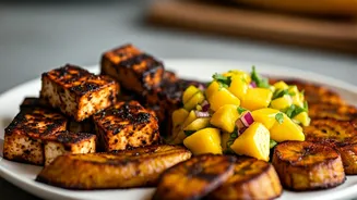 Spicy Grilled Jerk Tofu with Sweet Plantains and Zesty Mango Salsa: A Vegan Delight