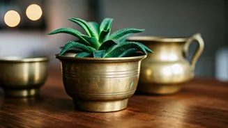Transform Plain Interiors Displaying Upcycled Antique Brass Plant Accent Pots