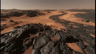 The Red Planet Holds Dark Materials That Contrast Sharply With Dusty Ground