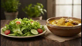 A Crisp Salad Beside A Soft Curry Creates More Than Visual Balance