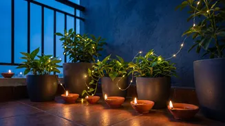 Simple Hacks To Style Festive Balconies Green Using Clay Diyas and Solar Illumination