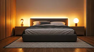 Soft Warm Amber Ambient Lighting Leads Cozy Bedroom Sanctuary
