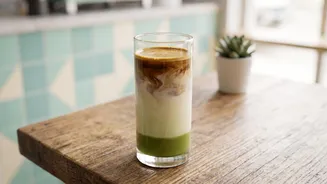 The drink layers tea bitterness coffee intensity and milk Offers A Stronger Angle On Dirty matcha combines matcha with an espresso shot