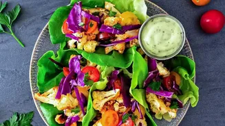 Vegetarian Wraps Become More Interesting With Roasted Vegetables, Fresh Herbs And Tangy Dressings