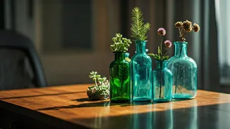 Recycled Tinted Apothecary Bottles Make Beautiful Botanical Work Desk Decor