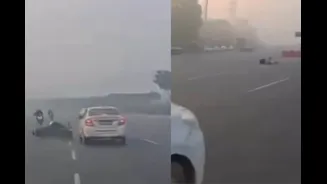Superbike Crashes Into Cab Switching Lanes In Dense Fog On Delhi-Gurugram Highway | Watch