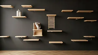 Aesthetic Feline Walls Feature Floating Wood Shelves And Jute Wrap