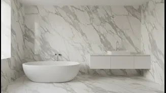 Use One Consistent Material Story To Calm A Visually Busy Bathroom
