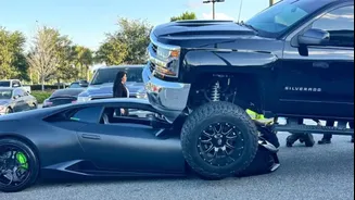 Chevrolet Silverado gigante atropela Lamborghini nos EUA e dona nem percebe