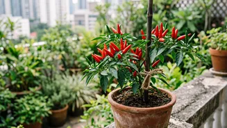 Helping Container Plants With Support: Growing Thai Chillies In Pots In Focus