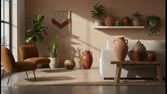 How urban renters elevate living rooms using warm earthen tones and pottery
