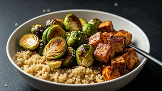 Gut-Friendly Grain Bowls: Mushrooms, Brussels Sprouts, and Tofu Delight