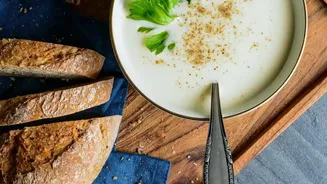 How to make creamy plant-based soups using puréed vegetable stems and stale bread for thick texture