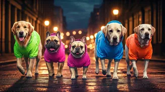 Watch Dogs Rocking Neon Waterproof Raincoats On Wet Evening Walks