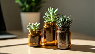 Recycled Amber Glass Vials Make Ultimate Aesthetic Workstation Money Planters