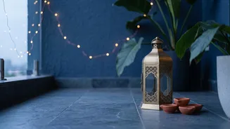 Style Cozy Balcony Evenings Using Fairy Lights Clay Diyas And Brass Lantern Hacks