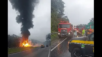 Carreta com 26 mil litros de óleo pega fogo e trava Régis Bittencourt