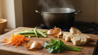 Transform kitchen scraps like vegetable peels herb stems and stale bread into rich zero-waste soups