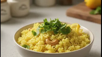 Fresh Coriander Finishes Lemon Rice With Colour and Herbaceous Lift