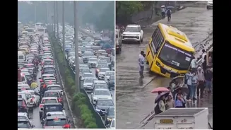 Gurugram Battles Rain Mayhem, Urges Work From Home Amid Kilometres-Long Traffic Jam, Road Cave-Ins
