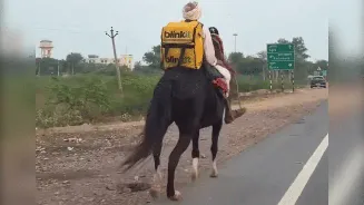 Blinkit delivery man rides horse in Rajasthan, viral video amuses internet