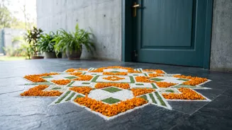 Style Festive Doorsteps Sustainably Using Fresh Marigold Petals Rice Flour And Natural Pigments