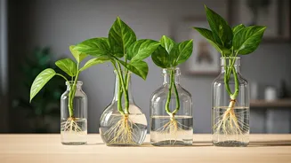 Minimal Workspace Style Guide Money Plants Propagating Clear Glass Bottles