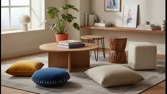 Use Coffee Tables, Stools And Floor Cushions To Expand Flexible Seating