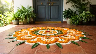 Create Eco Friendly Doorstep Rangolis Sustainably Using Fresh Marigold Petals And Rice Flour