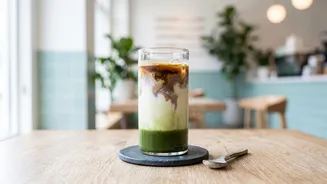 The drink layers tea bitterness coffee intensity and milk Is The Strongest Supporting Angle For Dirty matcha combines matcha with an espresso shot
