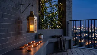 Create Aesthetic Balcony Evenings Easily Using Fairy Lights Clay Diyas And Brass Lanterns