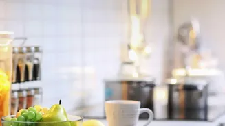 A Clear Kitchen Countertop Gives Lighting and Tableware More Room to Stand Out