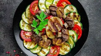 The Source Uses A Side-By-Side Nutrition Format: Mushrooms Offer B Vitamins While Zucchini Adds Vitamin C And Potassium