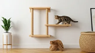 Mount Jute Wrapped Floating Wood Planks As Cat Climbing Stairs