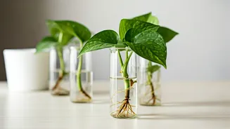 Aesthetic Workspaces Trend Trailing Money Plants Inside Clear Glass Vials
