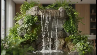 Houseplants Can Soften the Edges of an Indoor Waterfall Display
