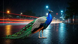 Peacocks Bring Drama To Rainy City Roads