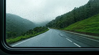 Rainy Train Windows Beat Crowded Hill Roads
