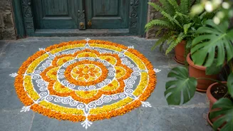 Style Eco Friendly Doorstep Rangolis Sustainably Using Fresh Marigold Petals And Rice Powder
