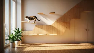 Floating Wooden Climbing Walkways Elevate Modern Cat Apartment Design