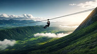Zipline Through Clouds And Green Valleys