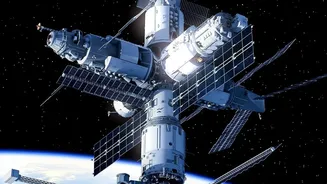 Private space stations conduct low gravity experiments inside scalable inflatable habitat modules