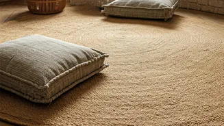 Hand Woven Jute Carpets Elevate Low Slung Floor Seating Layouts
